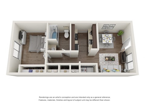 Floor plan for 1 bed, 1 bath, 635 sqft